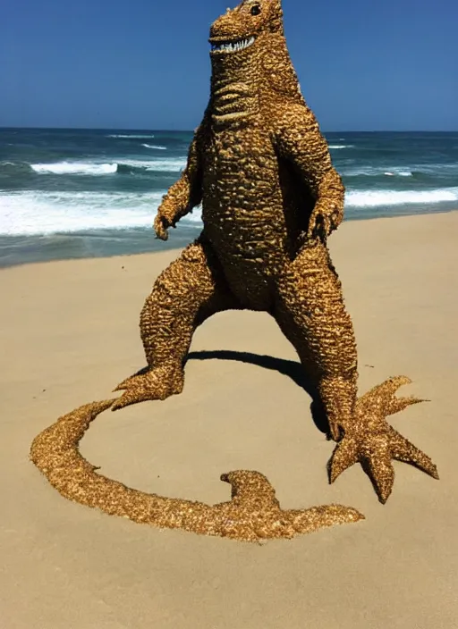 Image similar to godzilla as cheese on the sand of a beach