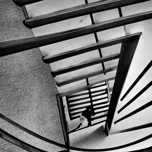 Image similar to looking down upon a man who walks down a staircase, perspective, by sergey belik