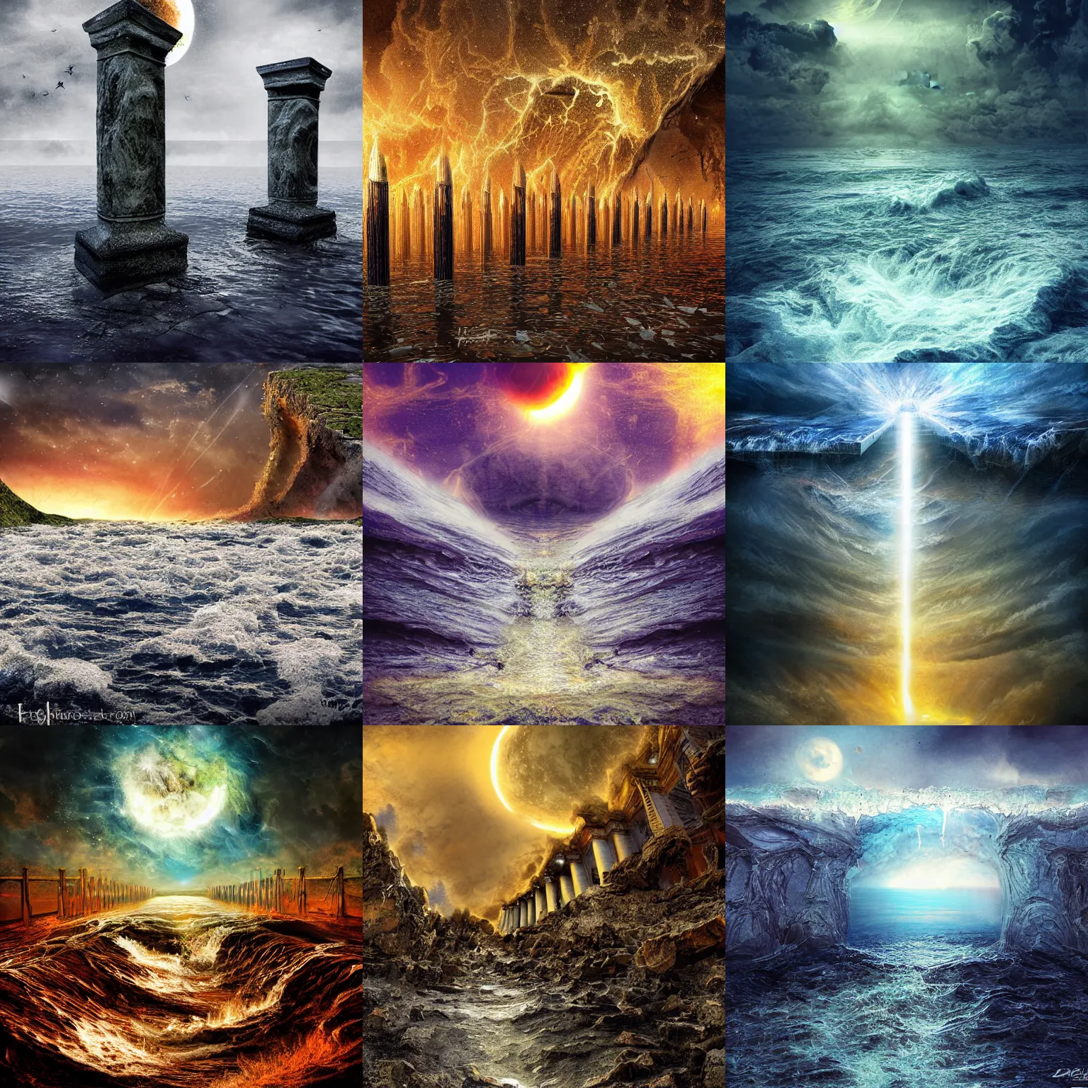 Prompt: pillars supporting sky crumble, sun moon the stars pour down, rivers and oceans rush where the earth sinks, great conflagration quenched by raging flood, epic, digital art, downfall, apocalypse, highly detailed, photo realistic