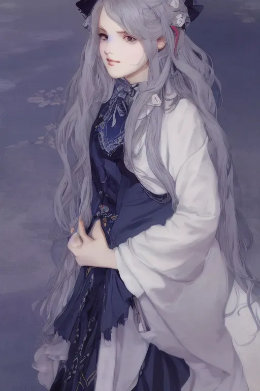 Image similar to a character design of young black lolita dressed girl, grey and blue theme, wavy white long hair by krenz cushart and mucha and akihito yoshida and greg rutkowski, detailed eyes, 4 k resolution