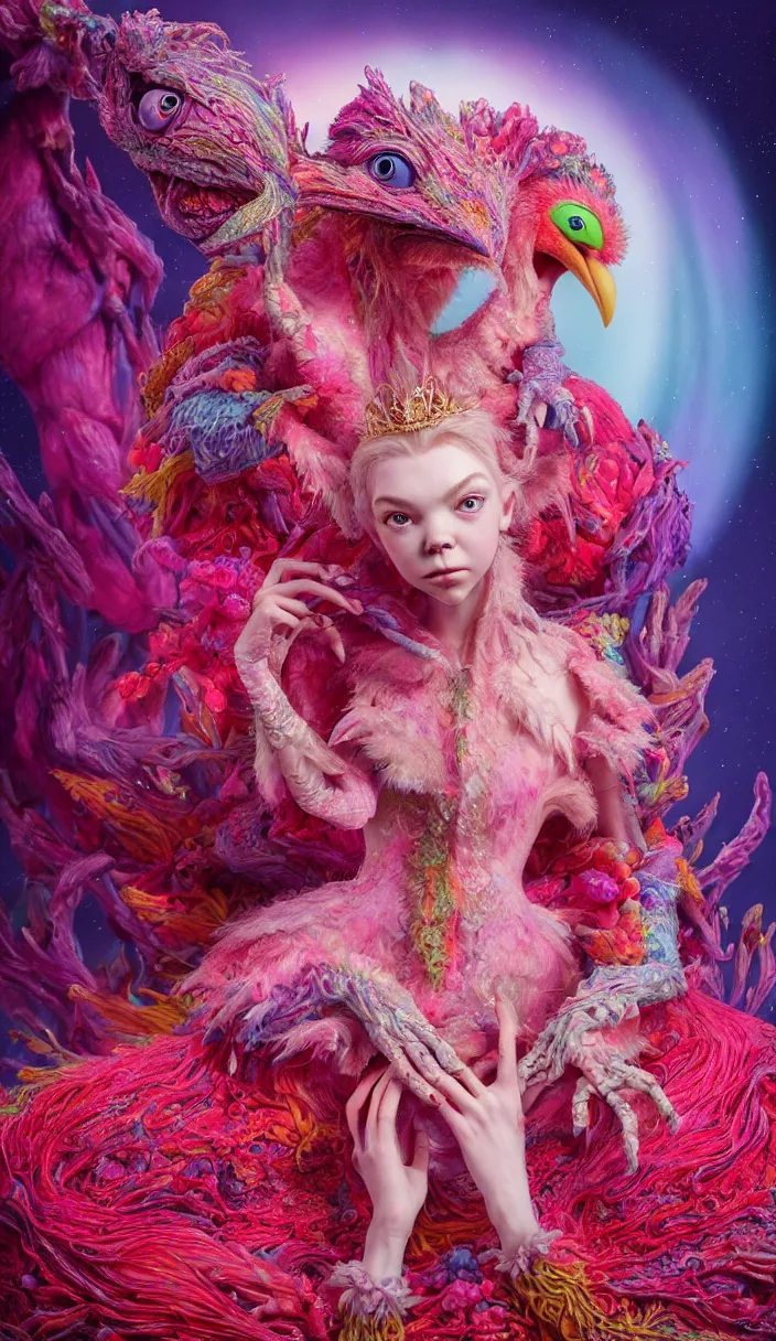 Image similar to hyper detailed 3d render like a Oil painting - kawaii portrait of one Aurora (a beautiful skeksis muppet fae queen from dark crystal that looks like Anya Taylor-Joy) seen red carpet photoshoot in UVIVF posing in scaly dress to Eat of the Strangling network of yellowcake aerochrome and milky Fruit and His delicate Hands hold of gossamer polyp blossoms bring iridescent fungal flowers whose spores black the foolish stars by Jacek Yerka, Ilya Kuvshinov, Mariusz Lewandowski, Houdini algorithmic generative render, Abstract brush strokes, Masterpiece, Edward Hopper and James Gilleard, Zdzislaw Beksinski, Mark Ryden, Wolfgang Lettl, hints of Yayoi Kasuma and Dr. Seuss, octane render, 8k