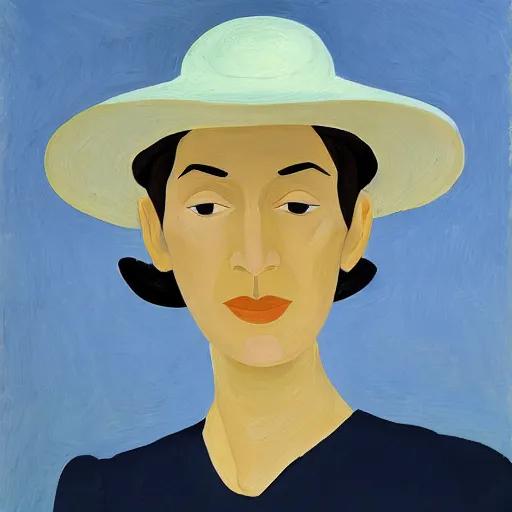 Prompt: woman with hat, by Alex Katz, light colors