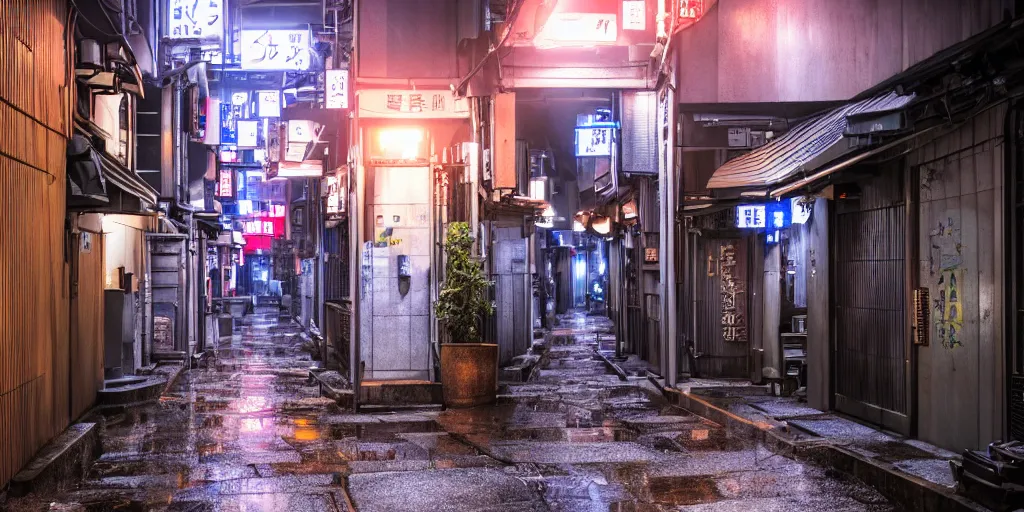 Prompt: quiet tokyo alley at night, raining, dim volumetric lighting, 8 k octane render, hdr, postprocessing, hyperdetailed, intricate, epic composition, cinematic lighting, masterpiece, street photography