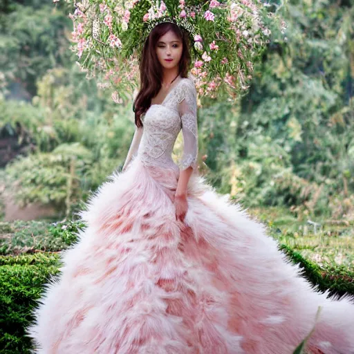 Image similar to light pink wedding dress. with white large exotic large, exotic. flowers. of zigzag intricate pattern of green fluffy. herbs. in the fantasy style. dress with train. hyper - realistic photo.