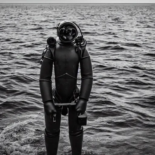 Prompt: Early twentieth century armored diving suit in the deep sea, photography, Sony A7III, 35mm f2,4