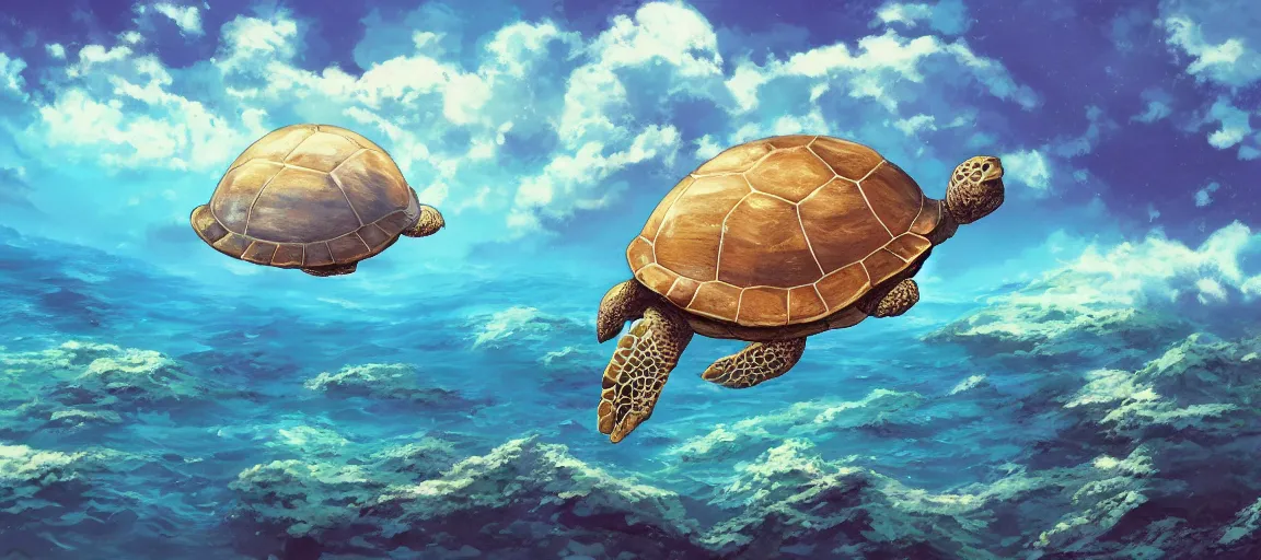 Image similar to a giant turtle with an island on its back, floating in the ocean, fantasy painting by Studio Ghibli,trending on artstation