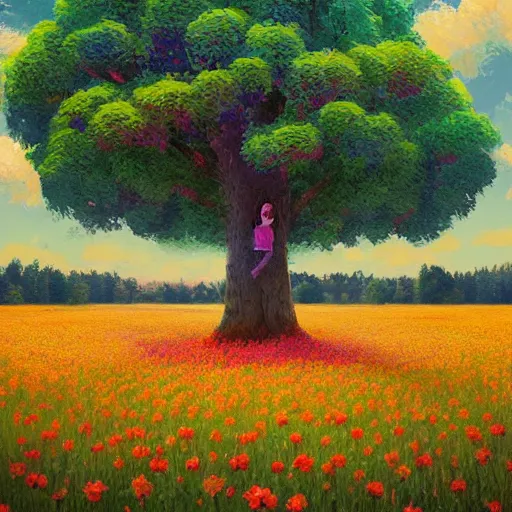 Prompt: face made of flowers, standing in a flower field, big trees, sunrise dramatic light, impressionist painting, colorful clouds, digital painting, pointillism, artstation, simon stalenhag