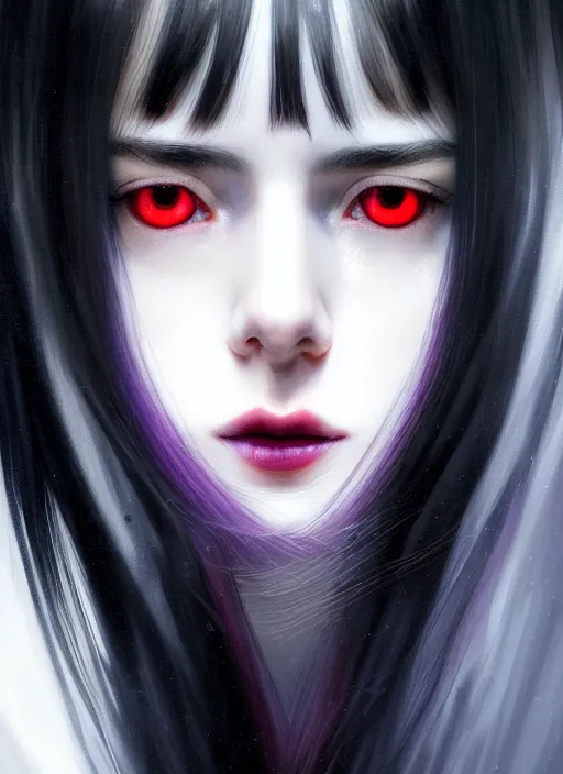 Image similar to portrait of teenage girl, red irises, red eyes, black hair, white bangs, purple clothes, white bangs, bangs, black hair and white bangs, intricate, elegant, glowing lights, highly detailed, digital painting, artstation, concept art, smooth, sharp focus, illustration, art by wlop, mars ravelo and greg rutkowski