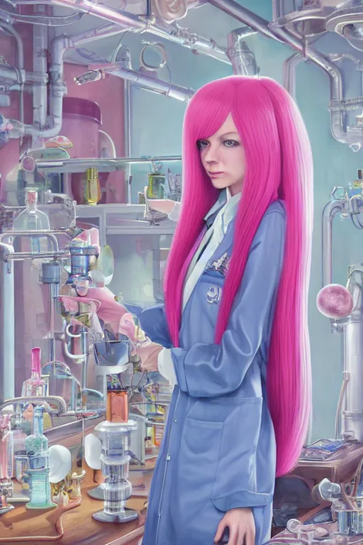 Image similar to highly detailed, industrial photograph profile photo of adult princess bubblegum from adventure time, detailed and intricate environment, working in her science lab, wearing lab coat, long bubblegum hair, long straight bangs, confident, beautiful, attractive, illustration concept art by nicoletta ceccoli, mark ryden, lostfish, 8 k resolution, hyperrealistic, octane render