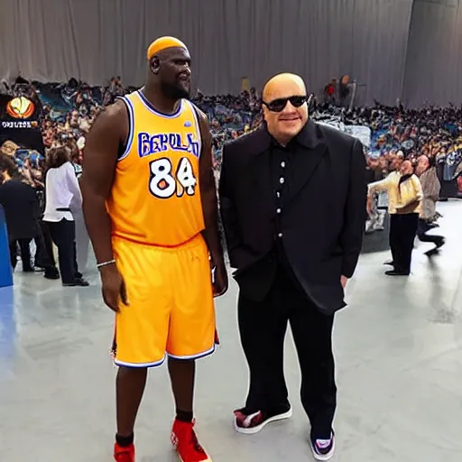 Image similar to A 5'5 Shaquille O'Neil next to a 7'2 Danny DeVito