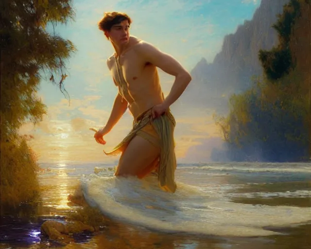 Image similar to attractive male wizard casting powerful wave water spell in a beautiful lake. highly detailed painting by gaston bussiere, craig mullins, j. c. leyendecker 8 k