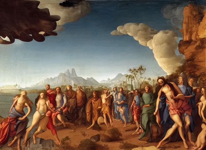 Image similar to : „a painting of a group of people outside in tropical desert Atlantis city pointing at a UFO in the sky, an ultrafine detailed painting by Giovanni Paolo Pannini, cg society, renaissance, da vinci, detailed painting, academic art“