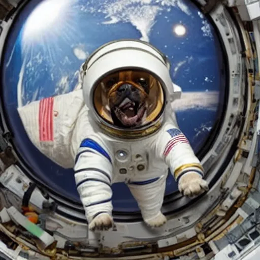 Image similar to a dog in space wearing an astronaut suit