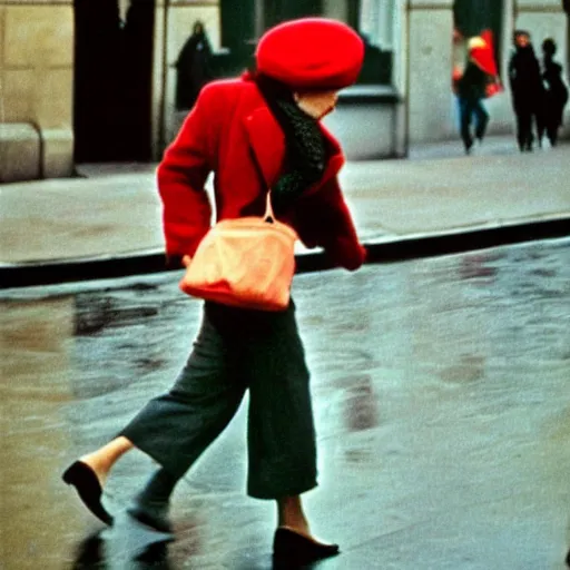 Prompt: a real photo of a woman wearing red beret crossing the street in new york by saul leiter, rainy