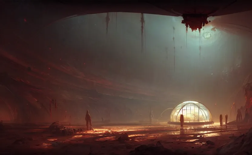 Image similar to abandoned mars biodome, horror sccene, by Greg Rutkowski and Gaston Bussiere, dim lighting, beautiful volumetric-lighting-style atmosphere, futuristic atmosphere, intricate, detailed, photorealistic imagery, artstation