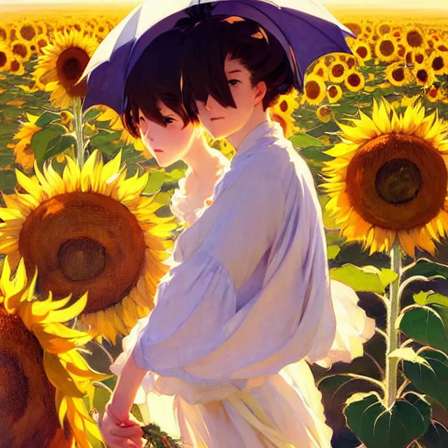 Prompt: beautiful sunflower anime girl, beside sea, krenz cushart, mucha, ghibli, by joaquin sorolla rhads leyendecker, by ohara koson