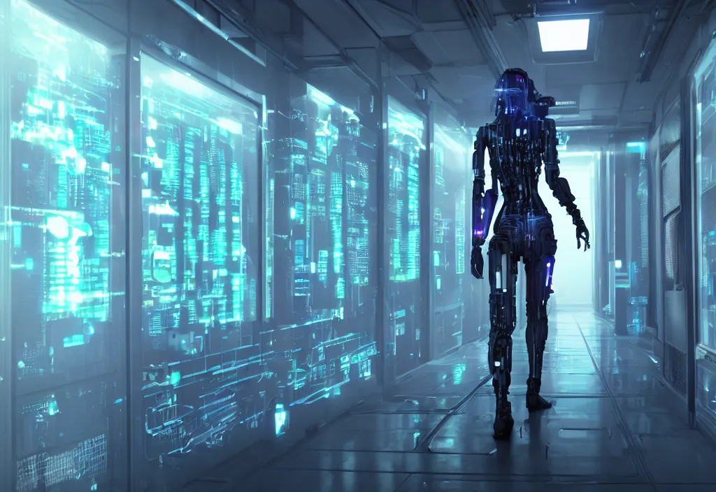 Prompt: shot of film by cyberpunk and syntwave syle, human like a cyborg, character design, full body in data center, extreamly detailed data center, symmetry, realistic, cinematic, awesome composition, color balance, professional lighting diffracted lightray, trending on artstation, volumetric lighting, octane render, awesome art, concept art