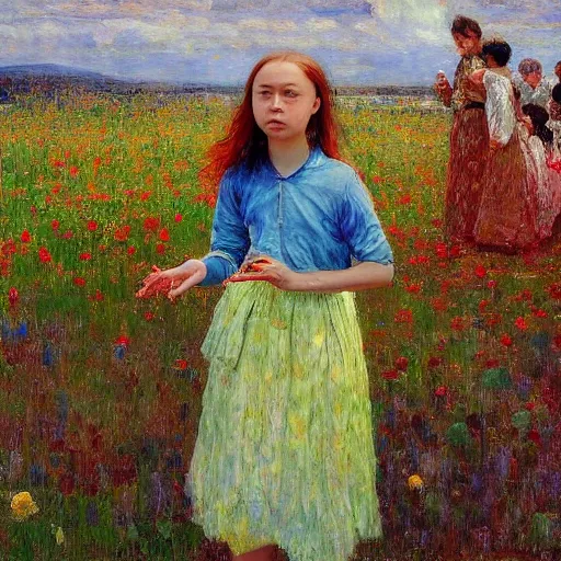 Image similar to Devastated Greta Thunberg crying onto the last plant on earth, impressionism, bright vivid colors, by Greg Rutkowksi and Ilya Repin