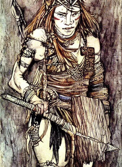 Prompt: barbarian warrior girl in tribal painting by Arthur Rackham