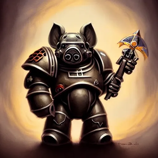 Image similar to cute little anthropomorphic Pig Space Marine, tiny, small, short, Space marine, cute and adorable, pretty, beautiful, DnD character art portrait, matte fantasy painting, DeviantArt Artstation, by Jason Felix by Steve Argyle by Tyler Jacobson by Peter Mohrbacher, cinema