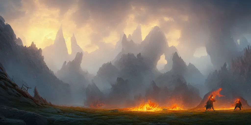 Prompt: a mythical battle between two giant fiery creatures, broken landscape, by Andreas Rocha + Ted Nasmith, cinematic lighting, masterpiece, highly detailed, 8k resolution, trending on art station