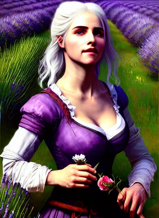 Prompt: portrait of ciri from the witcher holding a rose in the middle of a lavender field, by rembrandt, realistic oil painting, highly detailed face