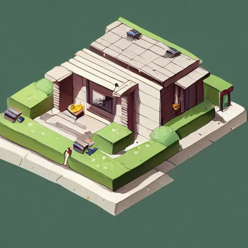 Image similar to a beautiful illustration of an isometric stylized house, by rutkowski, featured on artstation