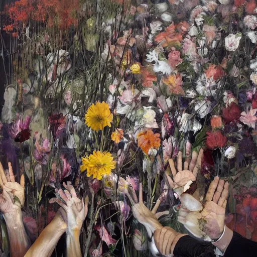 Image similar to a thousand of hands touching flowers, by Jenny saville and justin mortimer and ben aronson. Dark and atmospheric