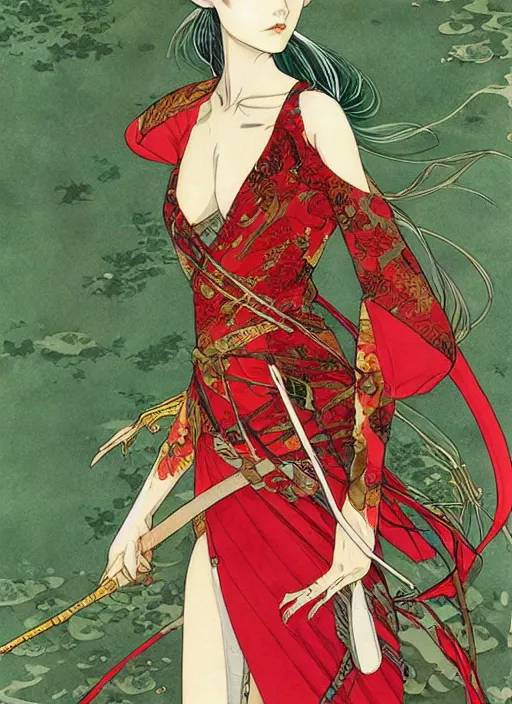 Image similar to half body portrait of a beautiful elven queen in red green gold dress, detailed, wearing kimono armor, by conrad roset, takato yomamoto, jesper ejsing, beautiful