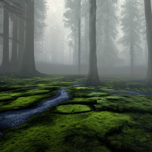 Image similar to Foggy forest with huge trees overgrown with moss and lianas, a hunter in combat wooden exoskeleton with chrome details walks between the roots. beautiful strange detailed painting 8k resolution deviantart trending on Artstation concept art digital illustration Unreal Engine VRay, lots of reflective surfaces, lots of reflective surfaces, subsurface scattering