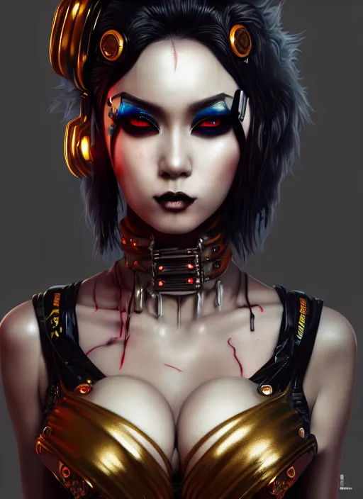 Image similar to soft seductive ebony geisha raver gutter punk gothic cyborg, golden ratio, details, scifi, fantasy, cyberpunk city, intricate, decadent, highly detailed, octane render, digital painting, artstation, concept art, sharp focus, illustration, art by artgerm, loish, wlop