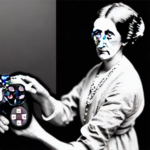 Prompt: Virginia Woolf breaking her PS4 controller after losing a game of Tekken