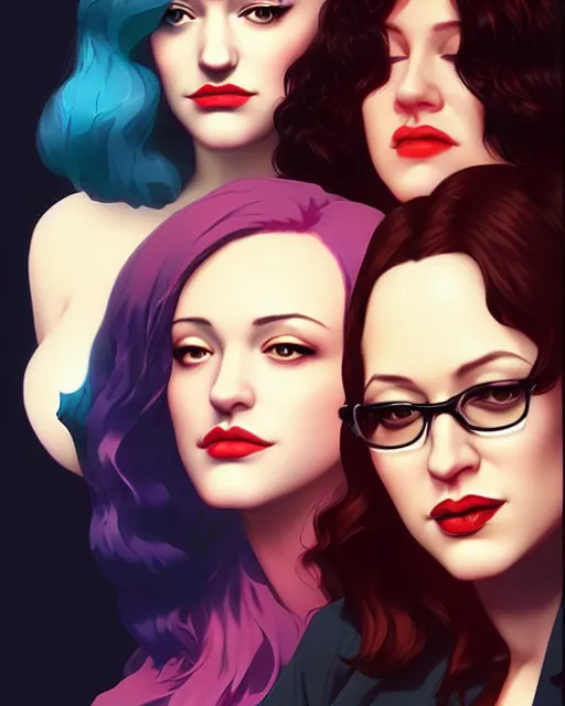 Image similar to kat dennings christina hendricks jennifer tilly, by wlop and ilya kuvshinov and artgerm