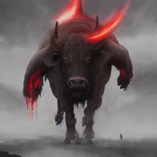 Image similar to giant angry bull with red eyes, steam breath, mysterious, epic concept art, epic painting, artstation, realistic, by greg rutkowski