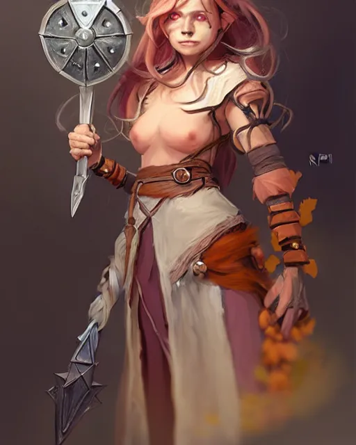 Prompt: portrait little witch, dungeons and dragons firbolg character art young female, holding fantasy magic shield, attractive firbolg, braid hairstyle, long light peach color hair, mechanical ferret at her side, bloom, intricate, elegant, sharp focus, illustration, highly detailed, digital painting, concept art, matte, art by ruan jia and greg rutkowski, masterpiece