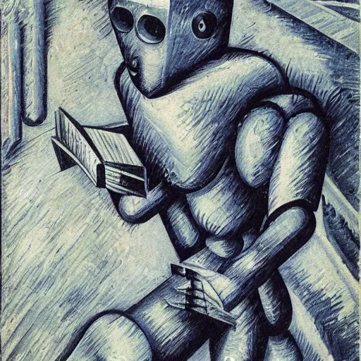 Image similar to A robot reading a book; in the style of Umberto Boccioni