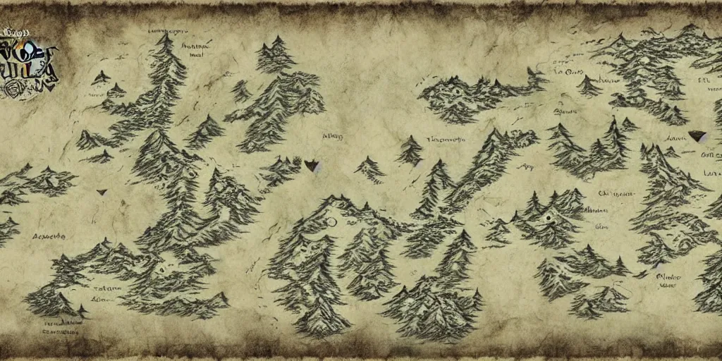 Image similar to Map of the realm of the wolf crew. Wolf face map. wolves. Ancient magic, medieval fantasy map, mountains, islands, forests. Map-style Skyrim, Lord of the rings map, zelda breath of the wild map, video game style, drawing on a parchment