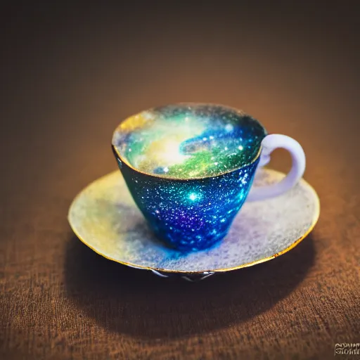 Prompt: galaxy in a tea cup, tea cup photography, galaxy, Milky Way galaxy, galaxy in a cup, 8k