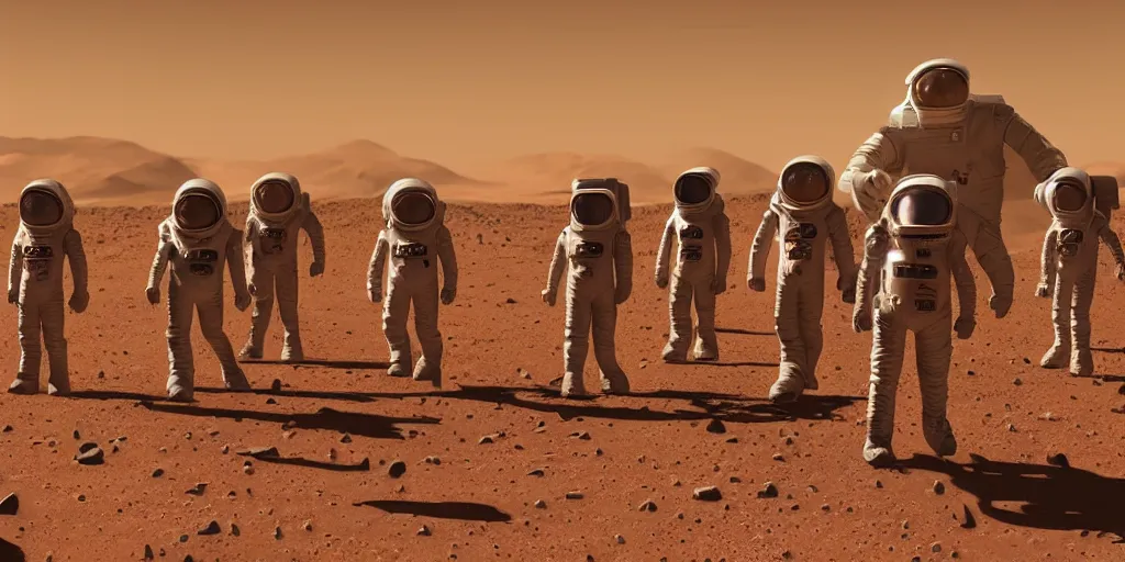 Image similar to workers on mars in space suits returning home after a hard days work with a megastructure in the distance, hyper realistic, in the style of ready player one 8K HD