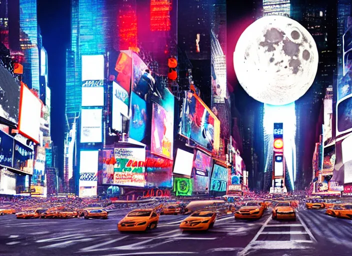 Image similar to film still of the moon shattering into pieces over time square in the new sci - fi movie, 8 k, night time