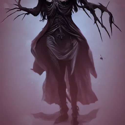 Image similar to female wraith, undead, dynamic pose, skull, terrifying, dark, fog, artstation