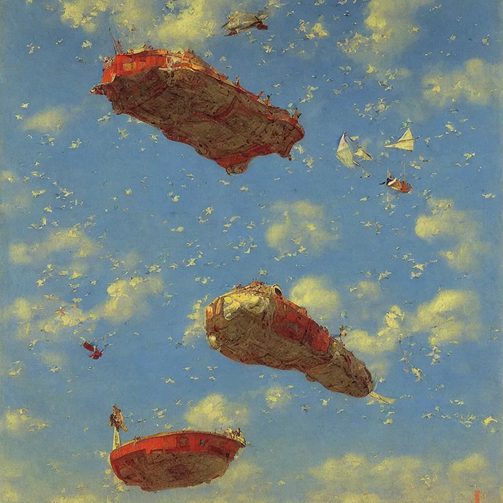 Prompt: two huge zepplins shaped like fishflying above church steeple, 1905, highly detailed colourful oil on canvas, by Ilya Repin