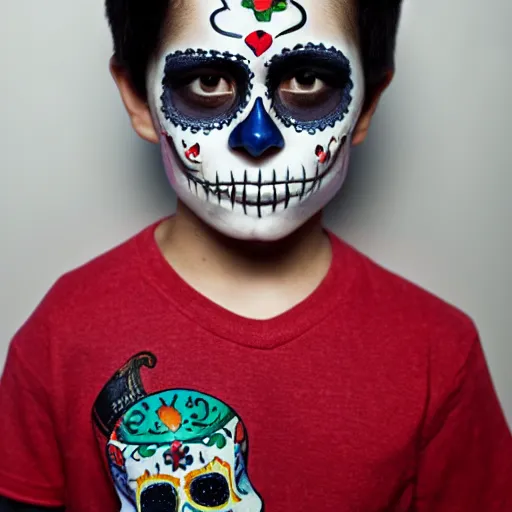 Image similar to A Boy with the Head of a Mexican Day of the Dead Calavera Sugar Skull for a Head