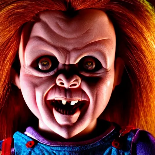 Image similar to Chucky the killer doll from the movie Child's Play demonic scary creepy movie still 8k hdr scary lighting