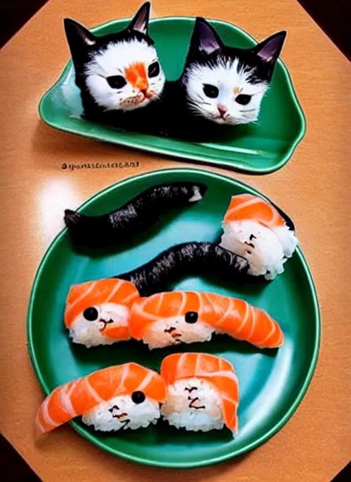 Image similar to clear photorealistic picture of adorable cats made out of sushi