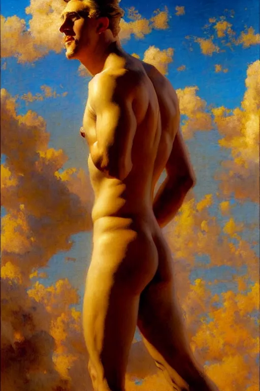 Image similar to attractive male painting sky, painting by gaston bussiere, craig mullins, j. c. leyendecker