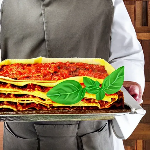 Image similar to platypus wearing a chef hat while holding a lasagna with three basil leaves over the lasagna