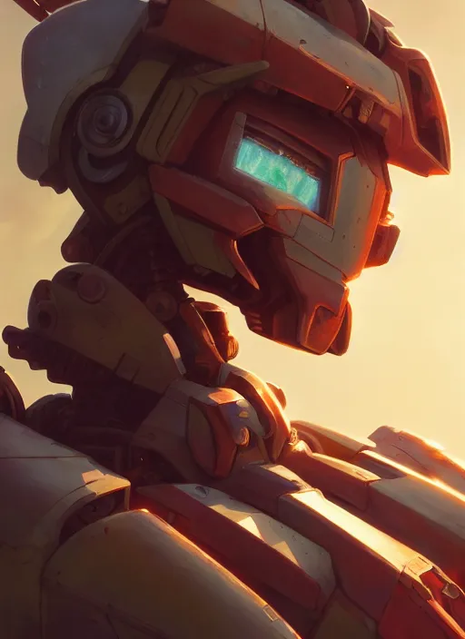 Image similar to highly detailed portrait of rusty gundam robot, stephen bliss, unreal engine, greg rutkowski, loish, rhads, beeple, makoto shinkai and lois van baarle, ilya kuvshinov, rossdraws, tom bagshaw, alphonse mucha, global illumination, god rays, detailed and intricate environment