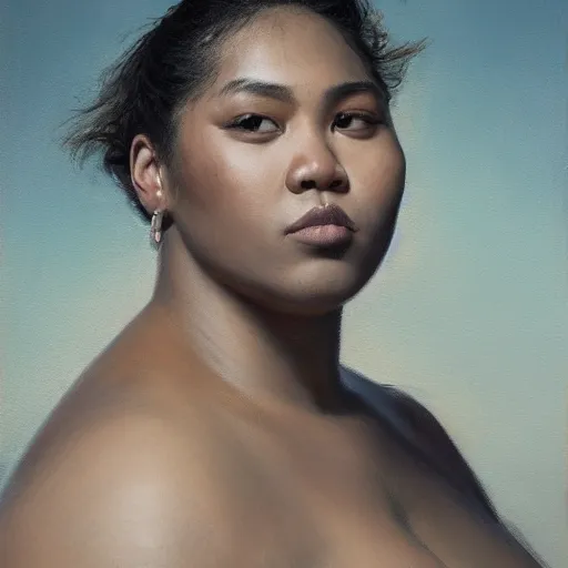 Image similar to A portrait of a powerful and thick beautiful non-binary person, medium tone skin, oil painting, majestic, detailed, high resolution