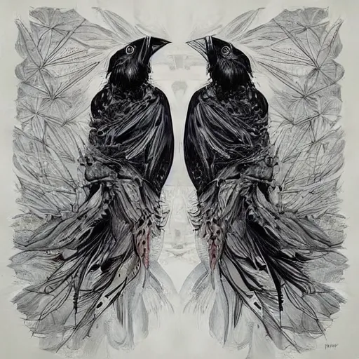 Image similar to a simple crow painting by Android Jones and M. C. Escher collaboration